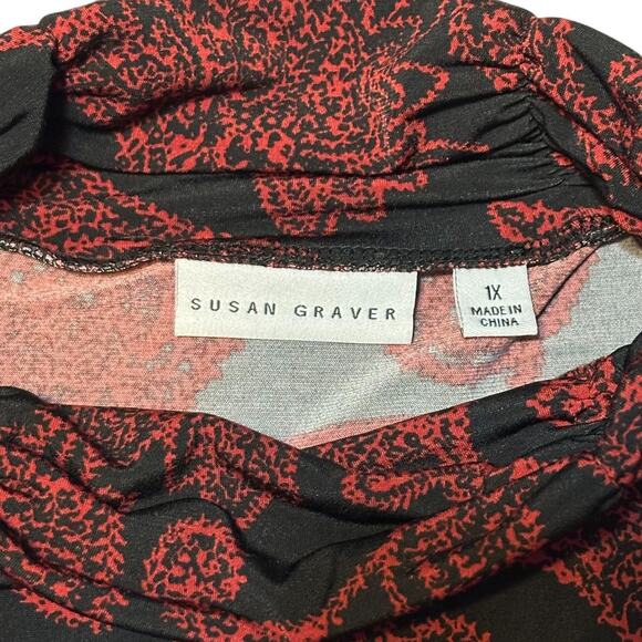 Susan Graver Red Black Paisley Tunic Top Plus Sz 1X Ruched Neck Stretch Holiday - Picture 4 of 9